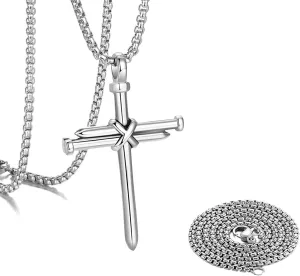 2 PCS Nail Cross Pendant for Men, Auto Rear View Mirror Cross Charm Pendant with 24 Inch Chain, Stainless Steel 3 Nail Necklace Vehicle Hanging Decoration, Car Accessories (Silver)