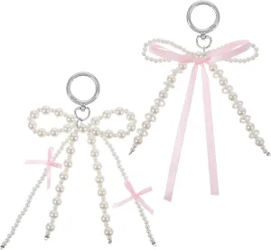 2 PCS Pearl Bow Keychain, Pin Bow Keychain for Purse, Sweet Bowknot Charm, Pink Bow Purse Charm for Women Girls