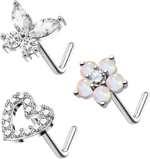 20G 3PCS Nose Ring Studs 316L Heart Nose Rings Nose Studs Butterfly and Flower Nose Stud Surgical Steel CZ L-Shaped Piercing Jewelry