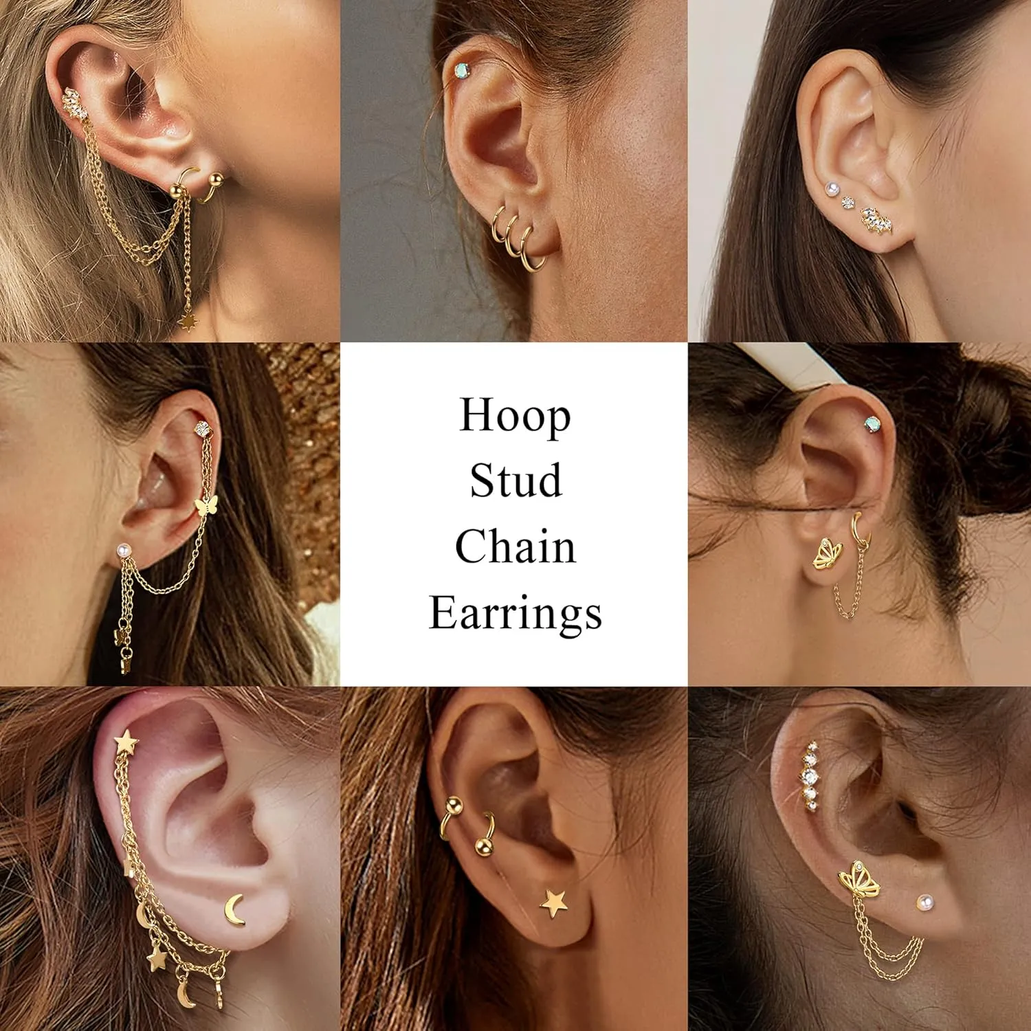 20G Cartilage Earrings Set For Women Men Stainless Steel Small Huggie Hoop Earring Flatback Star Moon Butterfly CZ Cartilage Stud Earrings Chain Dangle Cartilage Helix Tragus Piercing Jewelry