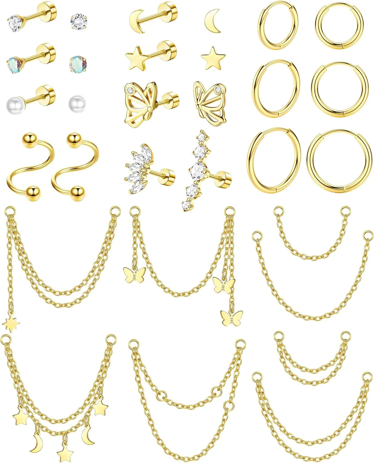 20G Cartilage Earrings Set For Women Men Stainless Steel Small Huggie Hoop Earring Flatback Star Moon Butterfly CZ Cartilage Stud Earrings Chain Dangle Cartilage Helix Tragus Piercing Jewelry
