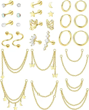 20G Cartilage Earrings Set For Women Men Stainless Steel Small Huggie Hoop Earring Flatback Star Moon Butterfly CZ Cartilage Stud Earrings Chain Dangle Cartilage Helix Tragus Piercing Jewelry