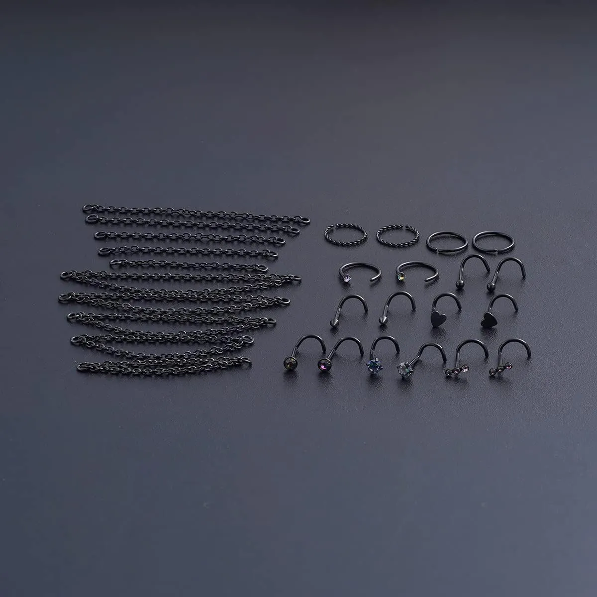 20G Nose Ring Piercing Chain Stainless Steel Across Nostril Jewelry With CZ Hoop Bone Screw L Shaped Stud for Women Men High Bridge Jewelry