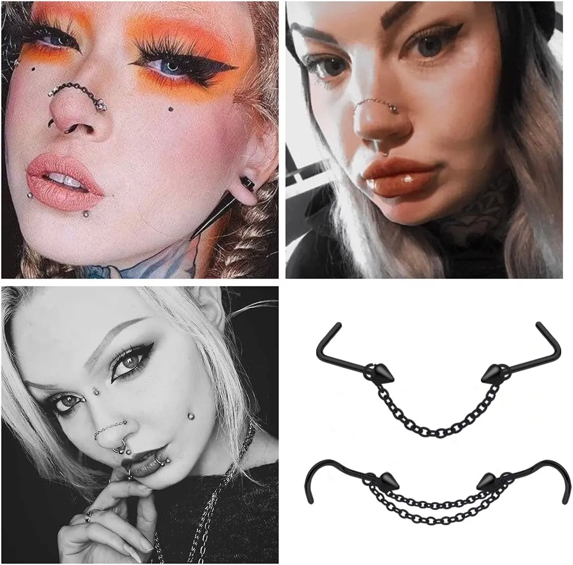20G Nose Ring Piercing Chain Stainless Steel Across Nostril Jewelry With CZ Hoop Bone Screw L Shaped Stud for Women Men High Bridge Jewelry