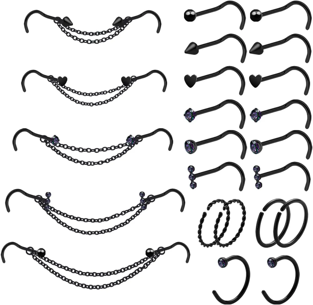 20G Nose Ring Piercing Chain Stainless Steel Across Nostril Jewelry With CZ Hoop Bone Screw L Shaped Stud for Women Men High Bridge Jewelry