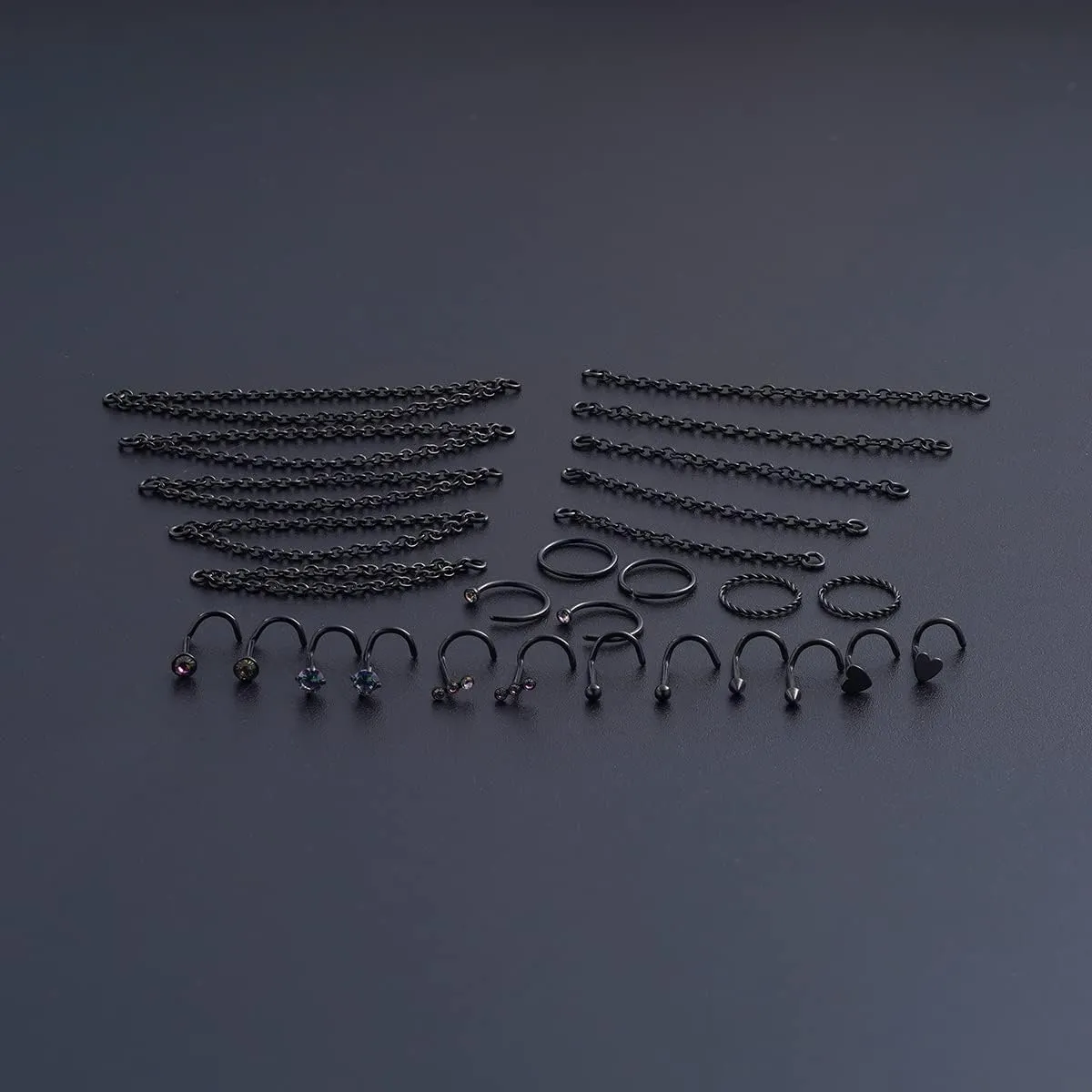 20G Nose Ring Piercing Chain Stainless Steel Across Nostril Jewelry With CZ Hoop Bone Screw L Shaped Stud for Women Men High Bridge Jewelry