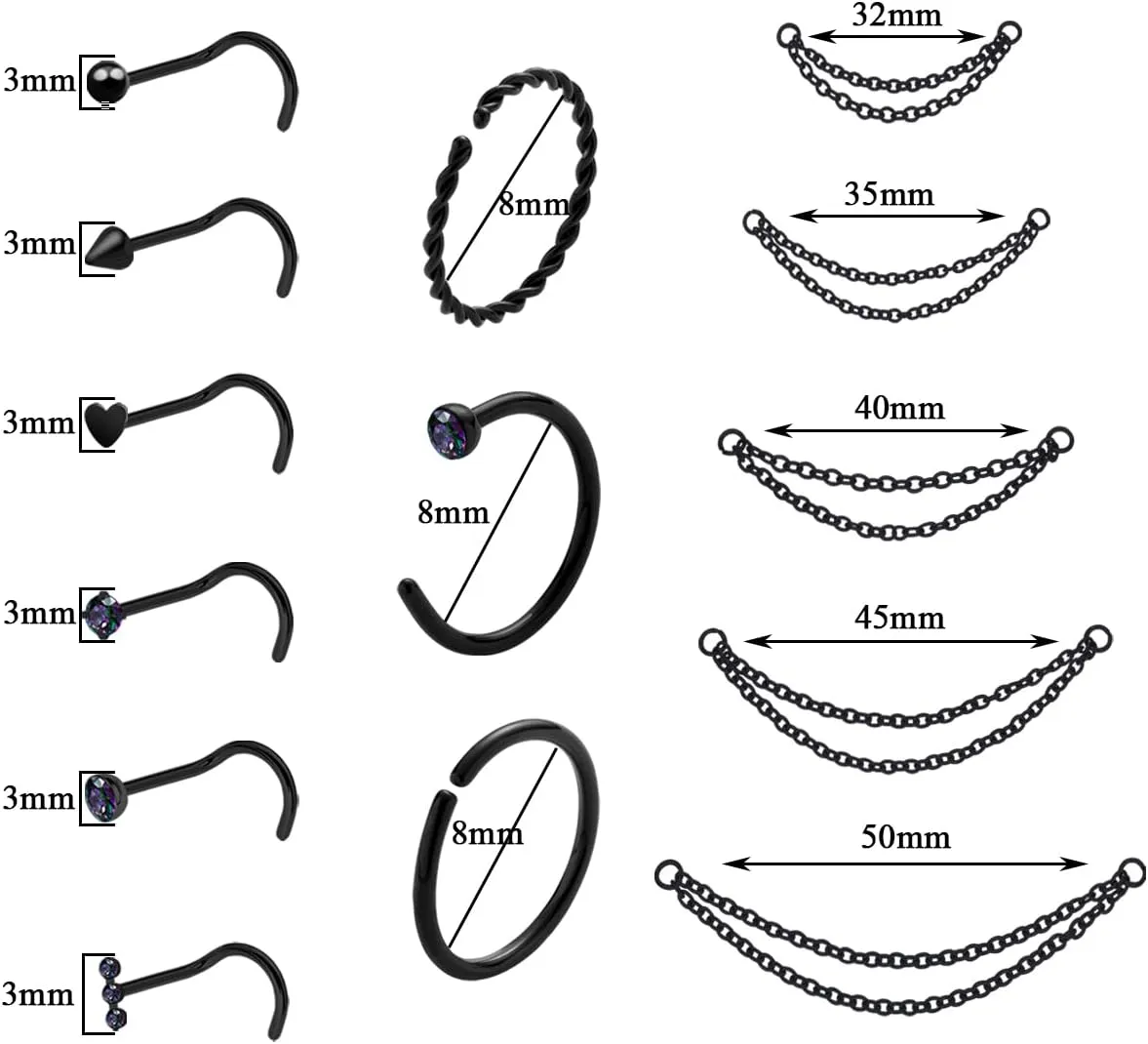 20G Nose Ring Piercing Chain Stainless Steel Across Nostril Jewelry With CZ Hoop Bone Screw L Shaped Stud for Women Men High Bridge Jewelry