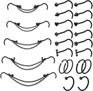 20G Nose Ring Piercing Chain Stainless Steel Across Nostril Jewelry With CZ Hoop Bone Screw L Shaped Stud for Women Men High Bridge Jewelry