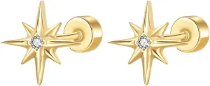 20g Star CZ Screw Flat Back Small Stud Earrings for Women Men Stainless Steel Gold Plated Stars Cartilage Tragus Piercing Little Studs Hypoallergenic Fashion Trendy Jewelry
