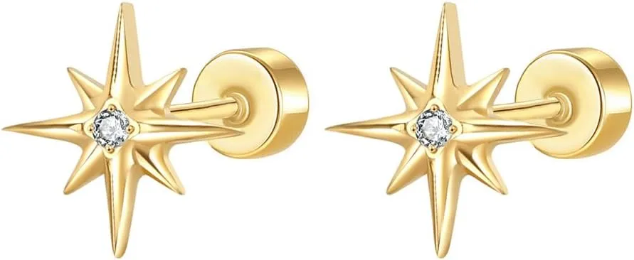 20g Star CZ Screw Flat Back Small Stud Earrings for Women Men Stainless Steel Gold Plated Stars Cartilage Tragus Piercing Little Studs Hypoallergenic Fashion Trendy Jewelry