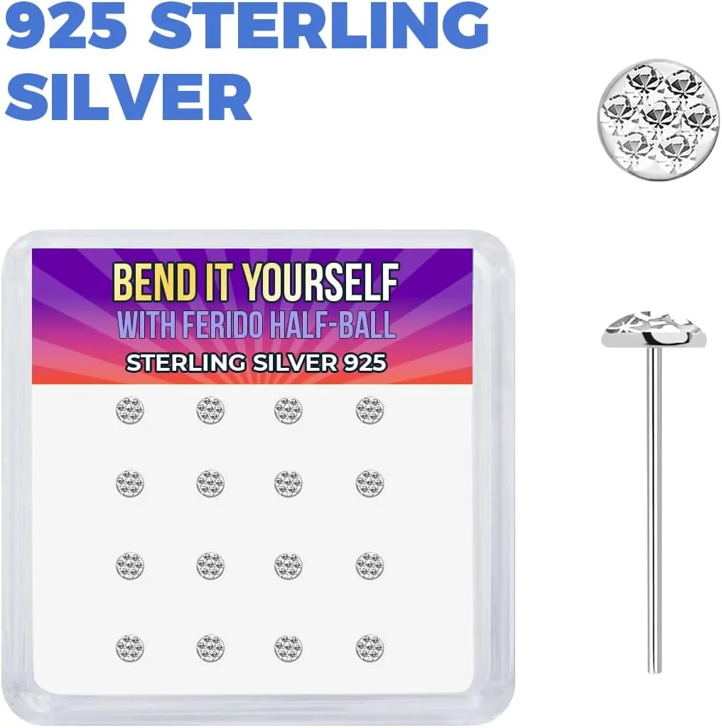 22G 925 Sterling Silver 7/16" 11mm Custom Bend Nose Ring Studs Bendable Fishtail Nose Stud Rings CZ 3mm Half Ball Ferido Gem Nostril Piercing Jewelry - Pack Of 16