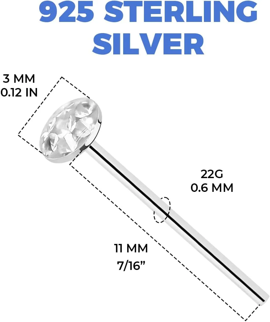22G 925 Sterling Silver 7/16" 11mm Custom Bend Nose Ring Studs Bendable Fishtail Nose Stud Rings CZ 3mm Half Ball Ferido Gem Nostril Piercing Jewelry - Pack Of 16