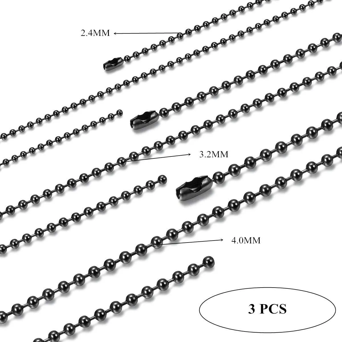 2.4-4mm Stainless Steel Black Ball Chain Necklace for Men Women, Beaded Military Chains for Men, 3Pcs a Set, 18-30 Inch
