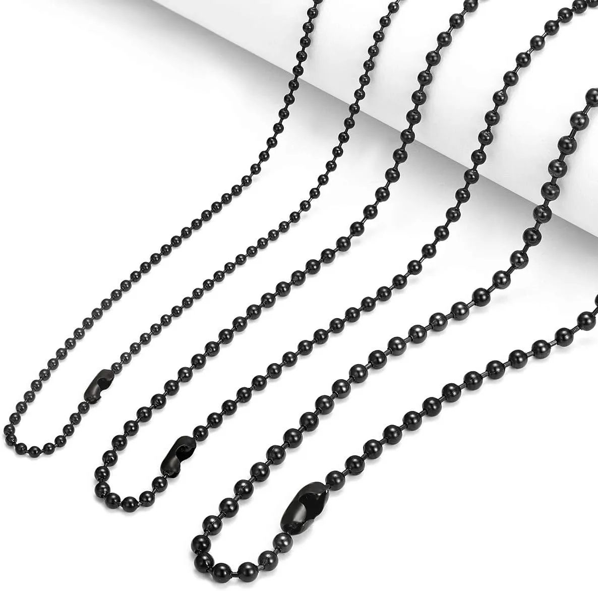 2.4-4mm Stainless Steel Black Ball Chain Necklace for Men Women, Beaded Military Chains for Men, 3Pcs a Set, 18-30 Inch