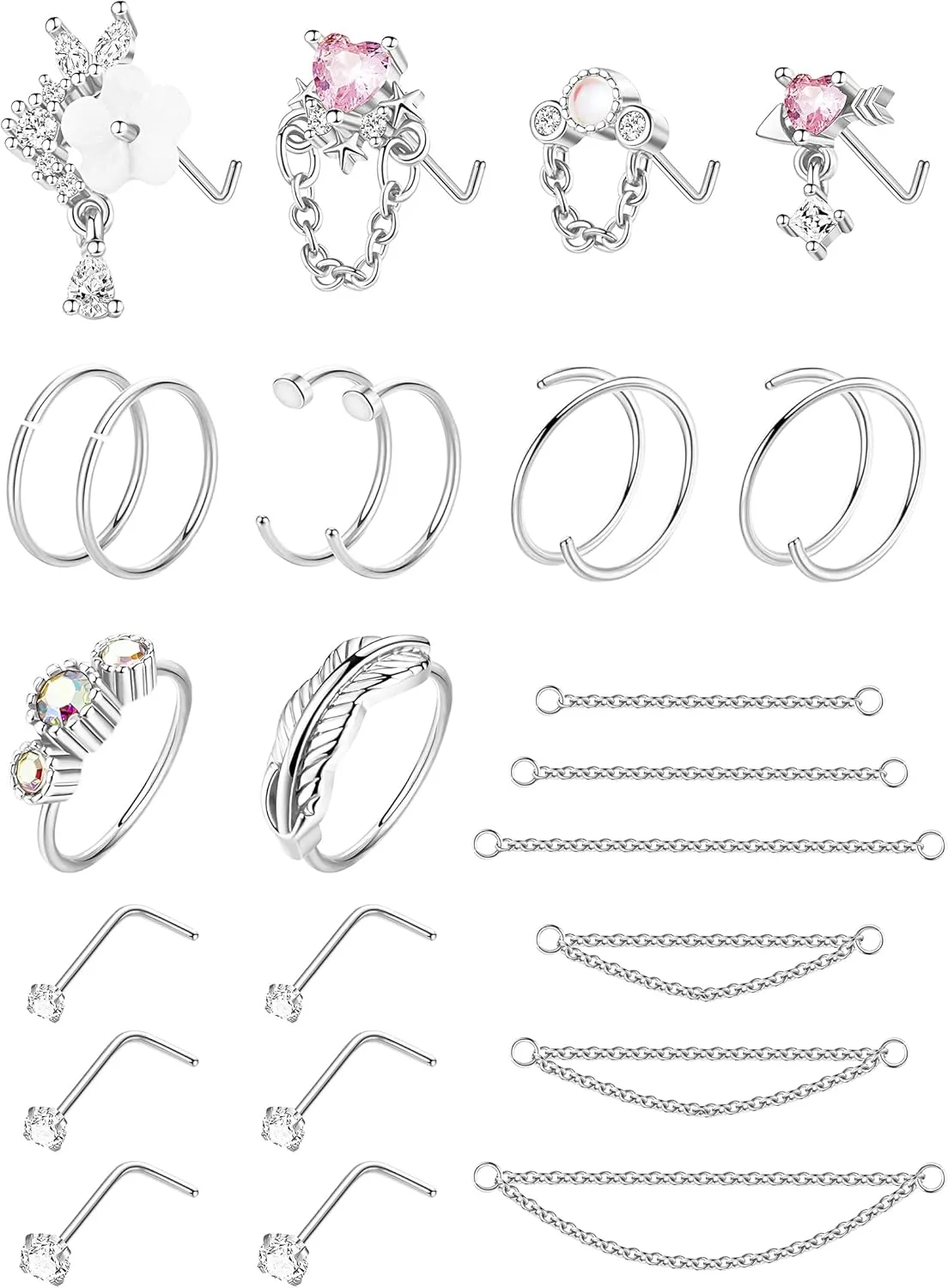 24Pcs 20G Stainless Steel Nose Ring Chain Piercing Across Double Nose Stud with Nose Chain Nostril Piercing Jewelry