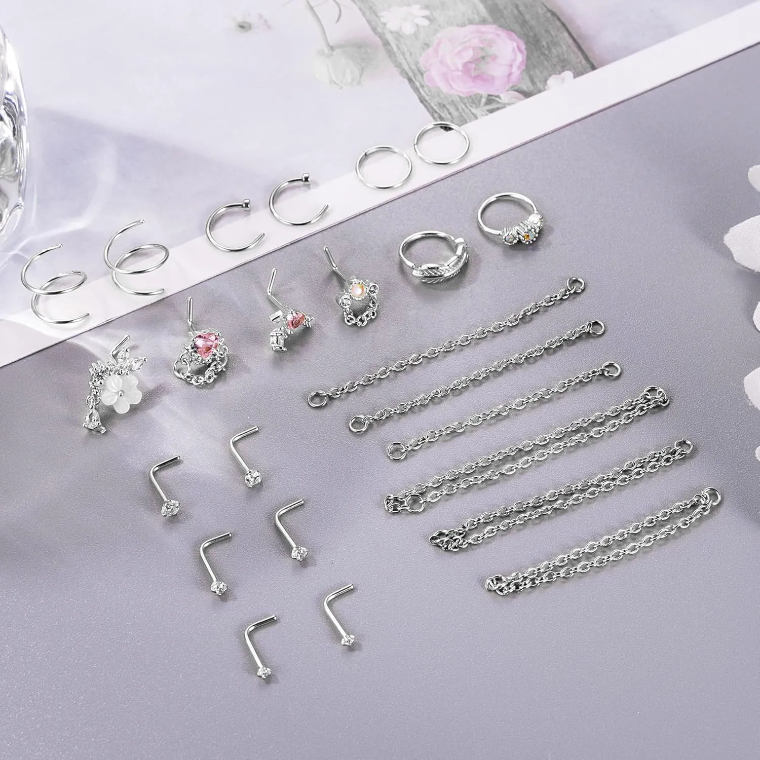 24Pcs 20G Stainless Steel Nose Ring Chain Piercing Across Double Nose Stud with Nose Chain Nostril Piercing Jewelry