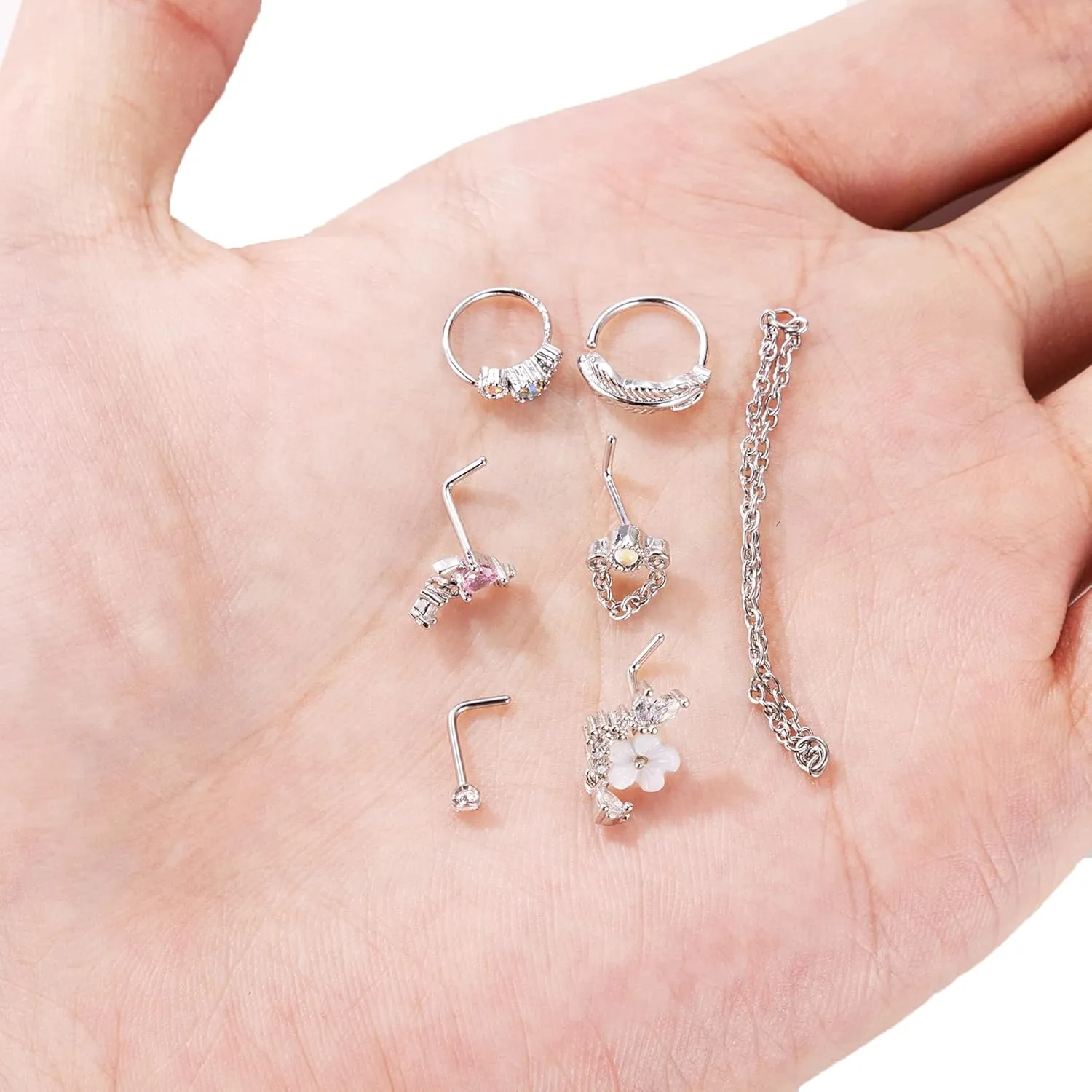24Pcs 20G Stainless Steel Nose Ring Chain Piercing Across Double Nose Stud with Nose Chain Nostril Piercing Jewelry