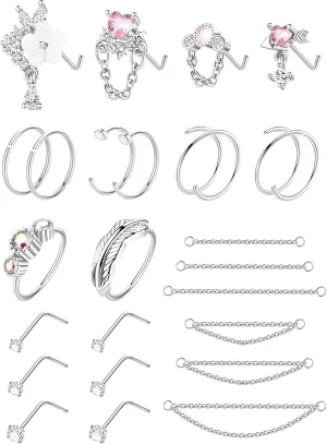 24Pcs 20G Stainless Steel Nose Ring Chain Piercing Across Double Nose Stud with Nose Chain Nostril Piercing Jewelry