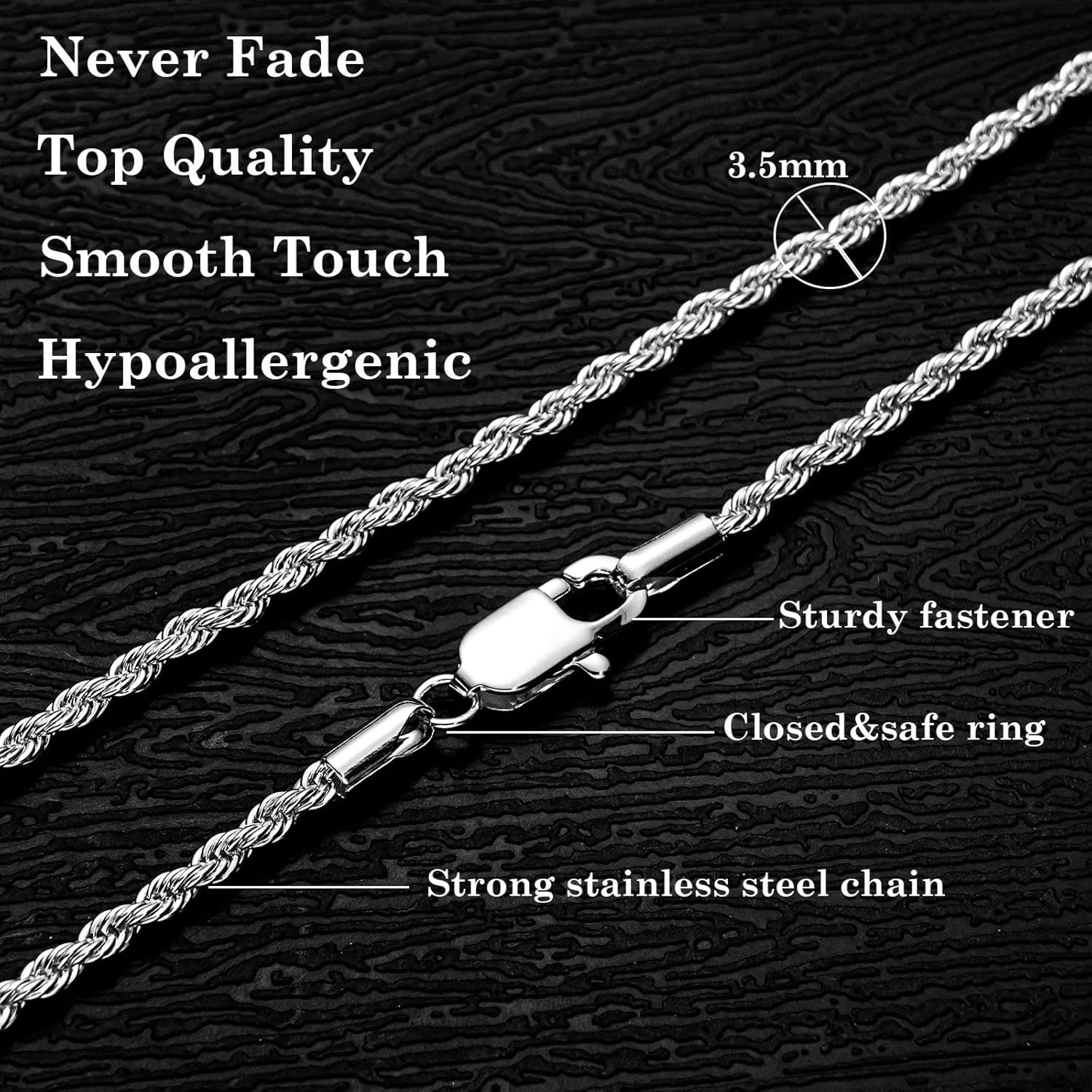 2.5mm/3.5mm Mens Stainless Steel Silver Rope Twist Chain Necklace Jewelry for Men