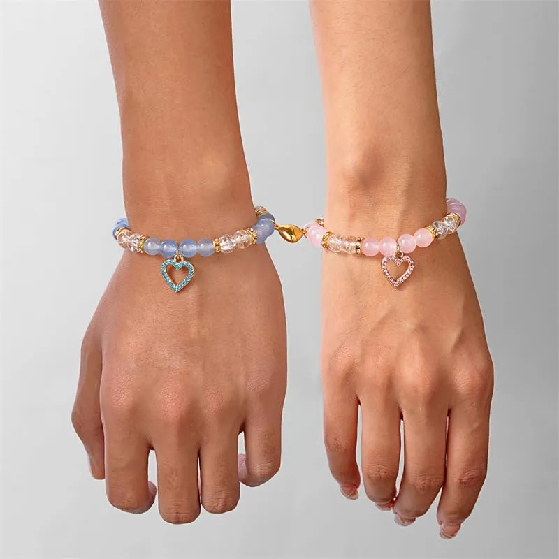 2Pcs Colorful Heart Beaded Valentine's Matching Bracelet for Women Handmade Crystal Love Heart Bracelet for Best Friends Couple Sister Birthday Valentines Gifts