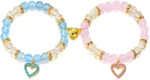2Pcs Colorful Heart Beaded Valentine's Matching Bracelet for Women Handmade Crystal Love Heart Bracelet for Best Friends Couple Sister Birthday Valentines Gifts