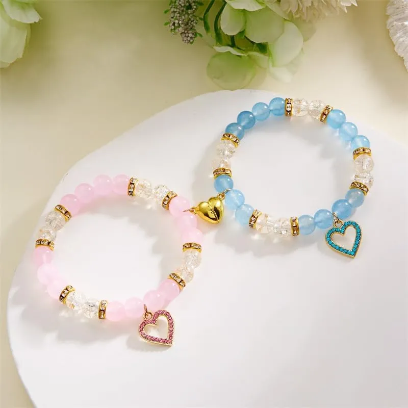 2Pcs Colorful Heart Beaded Valentine's Matching Bracelet for Women Handmade Crystal Love Heart Bracelet for Best Friends Couple Sister Birthday Valentines Gifts