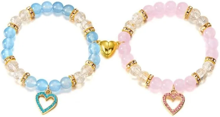 2Pcs Colorful Heart Beaded Valentine's Matching Bracelet for Women Handmade Crystal Love Heart Bracelet for Best Friends Couple Sister Birthday Valentines Gifts