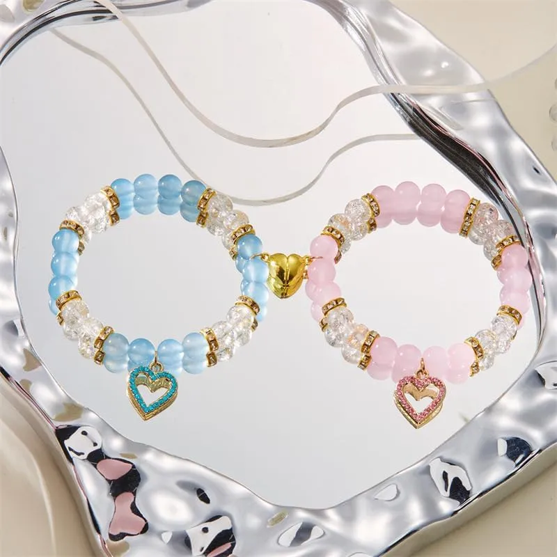 2Pcs Colorful Heart Beaded Valentine's Matching Bracelet for Women Handmade Crystal Love Heart Bracelet for Best Friends Couple Sister Birthday Valentines Gifts