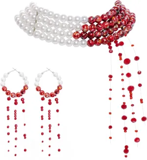 2Pcs Dripping Blood Choker and Earrings Halloween Dripping Bloody Imitation Pearls Necklace Bloody Pearls Earrings Halloween Necklace Earrings for Women Halloween Party Costume Accessory
