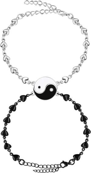 2pcs Handmade Yin Yang Stainless Steel Love Heart Chain Bracelet Set Couple Women Men BFF Best Friend Adjustable Bracelet Tai Chi Gossip Friendship Jewelry Gift