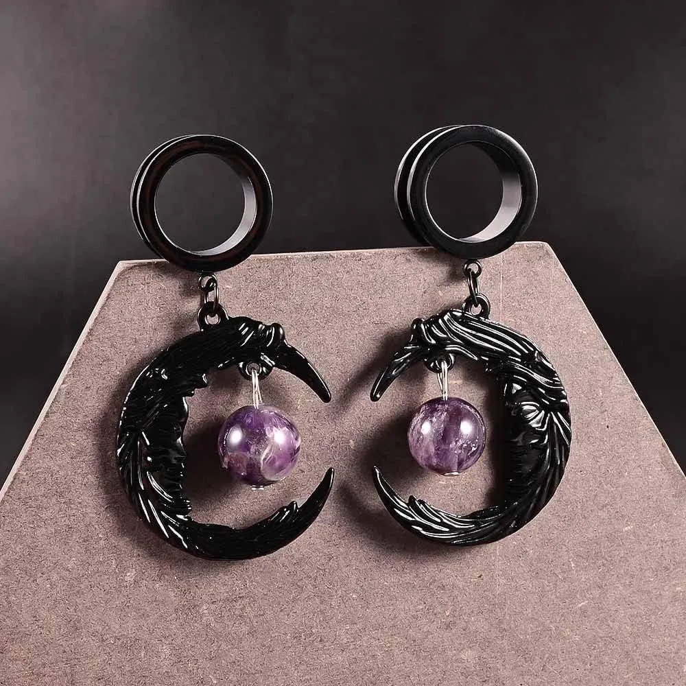 2PCS Hypoallergenic Stainless Steel Elegant Moon Dangle Gauges Ear Plugs Hangers for Stretched Ears Tunnels Pair Selling 2g 0g Body Jewelry