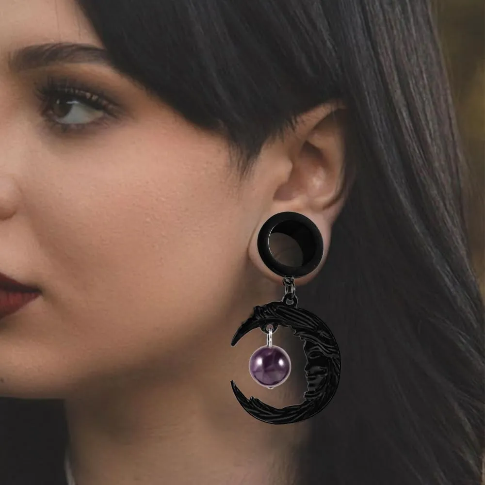 2PCS Hypoallergenic Stainless Steel Elegant Moon Dangle Gauges Ear Plugs Hangers for Stretched Ears Tunnels Pair Selling 2g 0g Body Jewelry