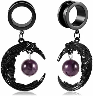 2PCS Hypoallergenic Stainless Steel Elegant Moon Dangle Gauges Ear Plugs Hangers for Stretched Ears Tunnels Pair Selling 2g 0g Body Jewelry