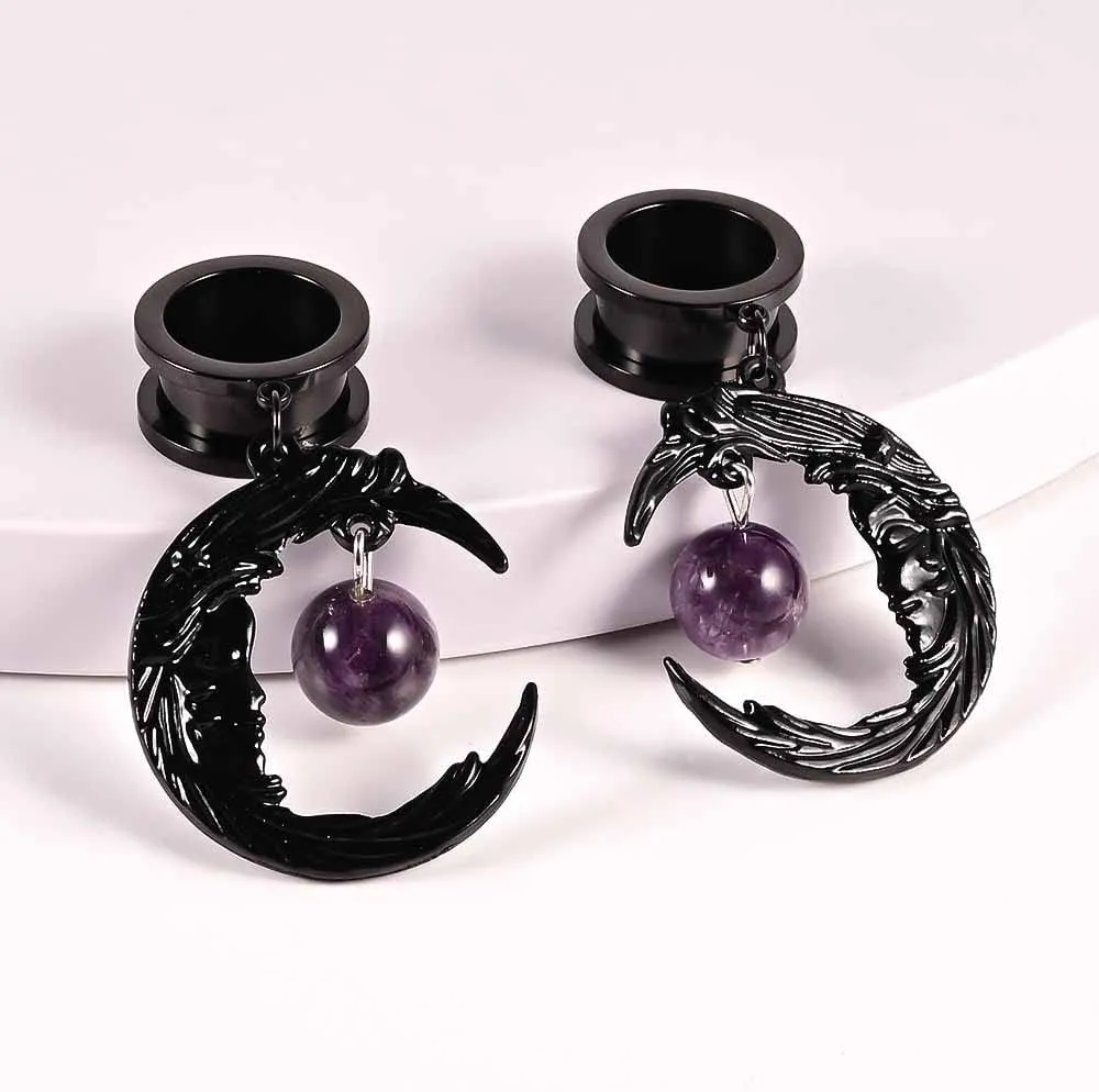 2PCS Hypoallergenic Stainless Steel Elegant Moon Dangle Gauges Ear Plugs Hangers for Stretched Ears Tunnels Pair Selling 2g 0g Body Jewelry