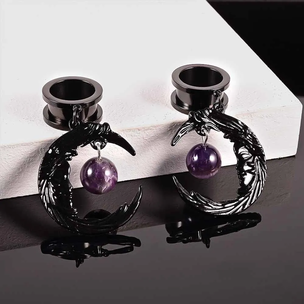 2PCS Hypoallergenic Stainless Steel Elegant Moon Dangle Gauges Ear Plugs Hangers for Stretched Ears Tunnels Pair Selling 2g 0g Body Jewelry