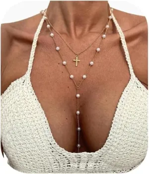 2Pcs Long Pearl Bead for Women,Statement Cross Pendant Clavicle Necklace,Summer Simple Y Tassel Chest Chain Necklace,Adjustable Layered Pearl Neck Chain