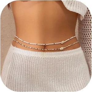 2Pcs Multi-layer Beaded Waist Chain Sets,Bikini Sexy Bead Belly Body Chain Adjusatble Beads Starfish Waist Jewelry Summer Beach Beads Waist Body Accessory Jewelry for Women (White)