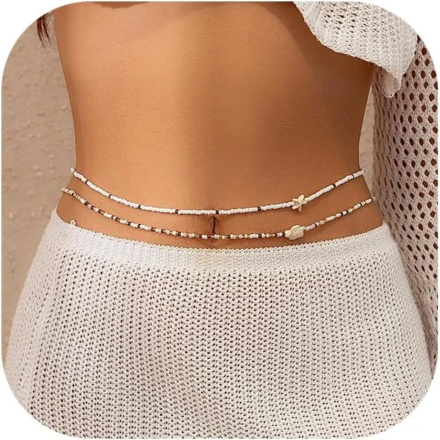 2Pcs Multi-layer Beaded Waist Chain Sets,Bikini Sexy Bead Belly Body Chain Adjusatble Beads Starfish Waist Jewelry Summer Beach Beads Waist Body Accessory Jewelry for Women (White)
