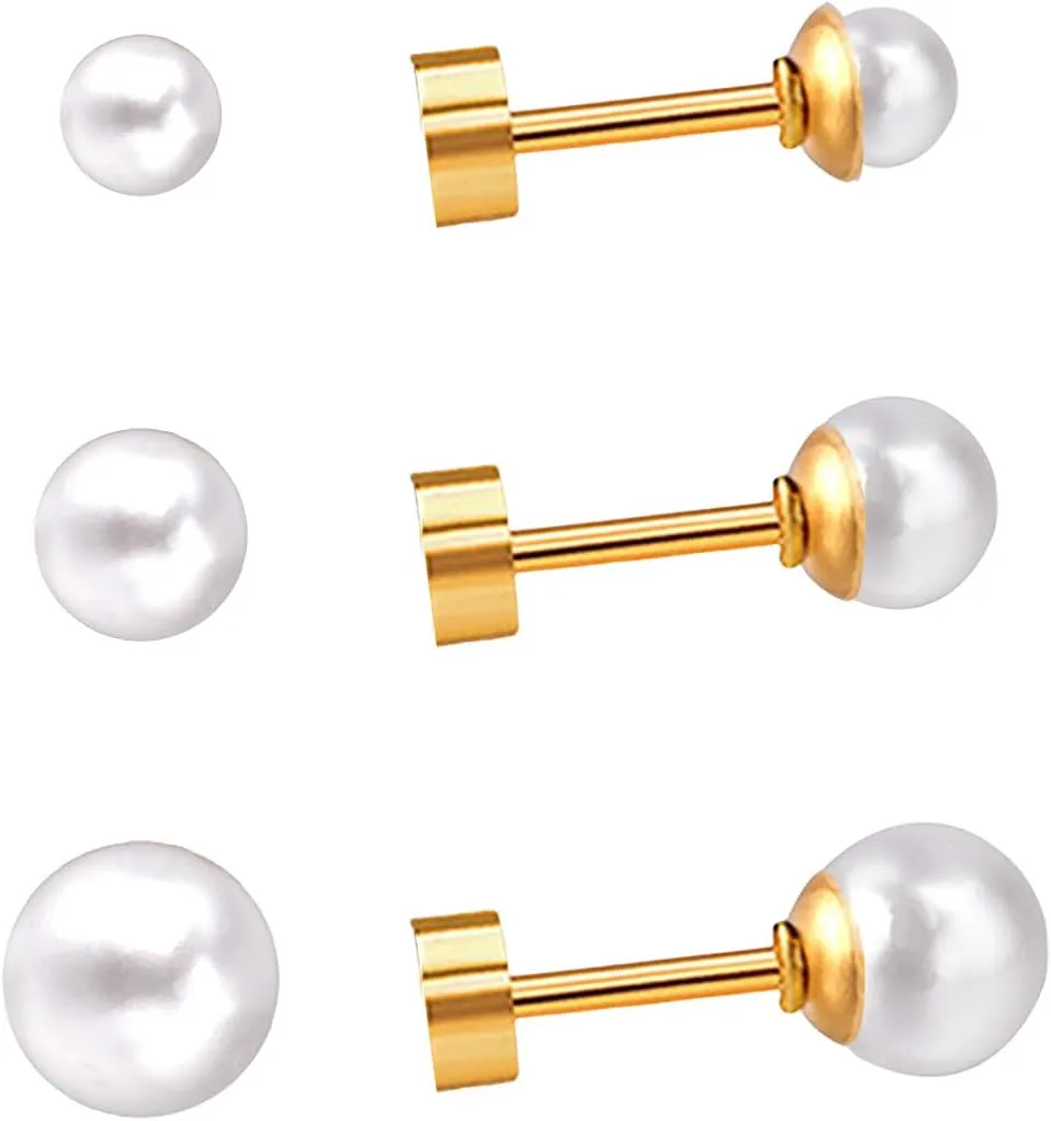3 Pairs 20G Dainty Pearl Stud Earring for Women Gold Plated Stainless Steel Flat Back Studs Earrings Set Small Round Ball Pearls Body Piercing Chic Jewelry for Valentines 4/6/8mm