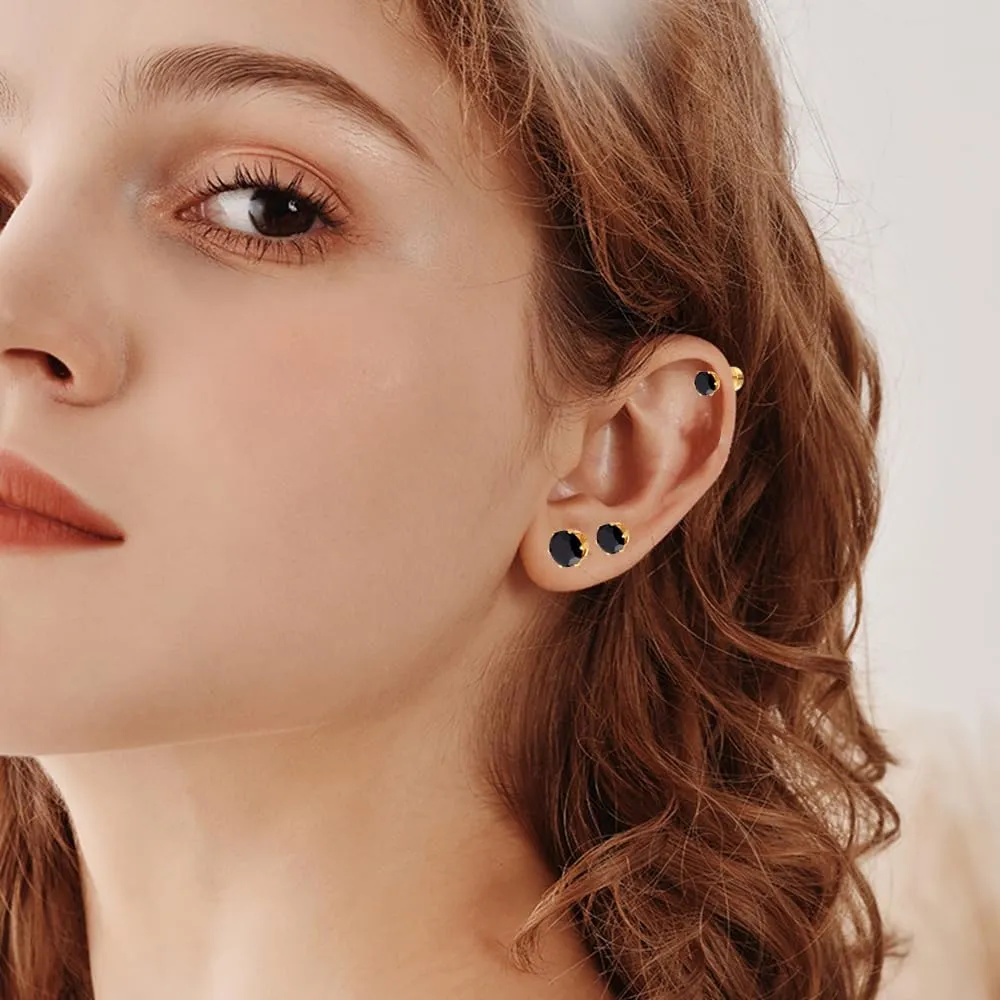 3 Pairs 20G Tiny CZ Flat Back Stud Earrings for Women Gold Plated Stainless Steel Black Clear Rhinestone Flatback Earring Sets Cartilage Body Piercing Studs Chic Jewelry 3/5/7mm