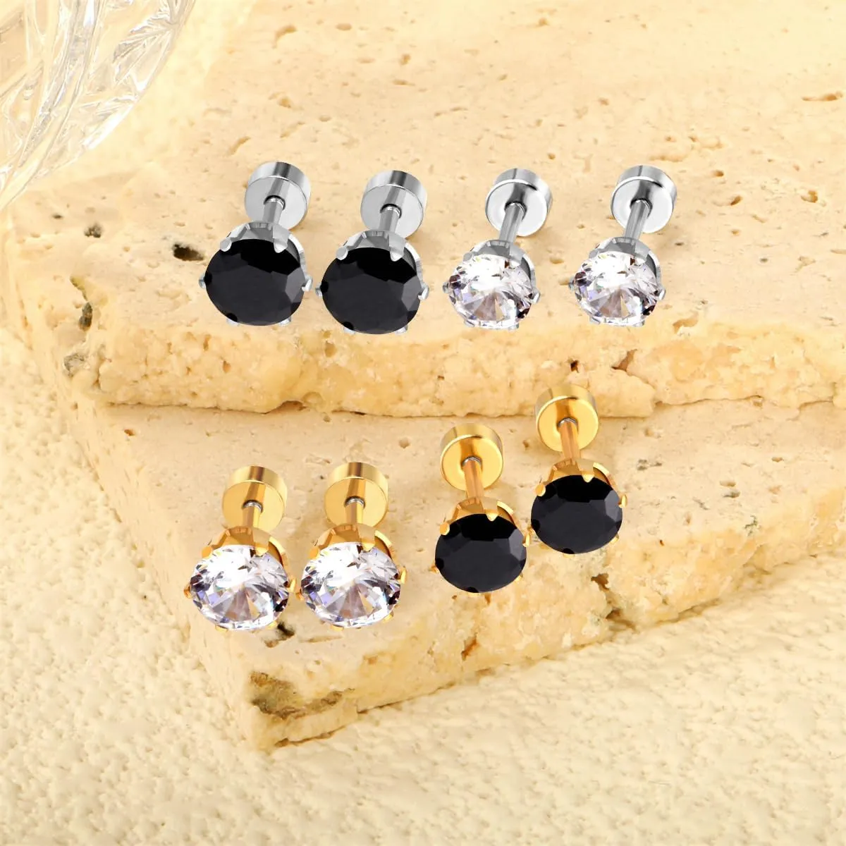 3 Pairs 20G Tiny CZ Flat Back Stud Earrings for Women Gold Plated Stainless Steel Black Clear Rhinestone Flatback Earring Sets Cartilage Body Piercing Studs Chic Jewelry 3/5/7mm