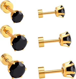 3 Pairs 20G Tiny CZ Flat Back Stud Earrings for Women Gold Plated Stainless Steel Black Clear Rhinestone Flatback Earring Sets Cartilage Body Piercing Studs Chic Jewelry 3/5/7mm