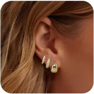 3 Pairs Gold Earrings for Women Dainty Small Gold Earring Set 14K Gold Hoop Earrings Cute Cz Hoop Flat Back Earrings Trendy Earring Gold Jewelry Set Gift