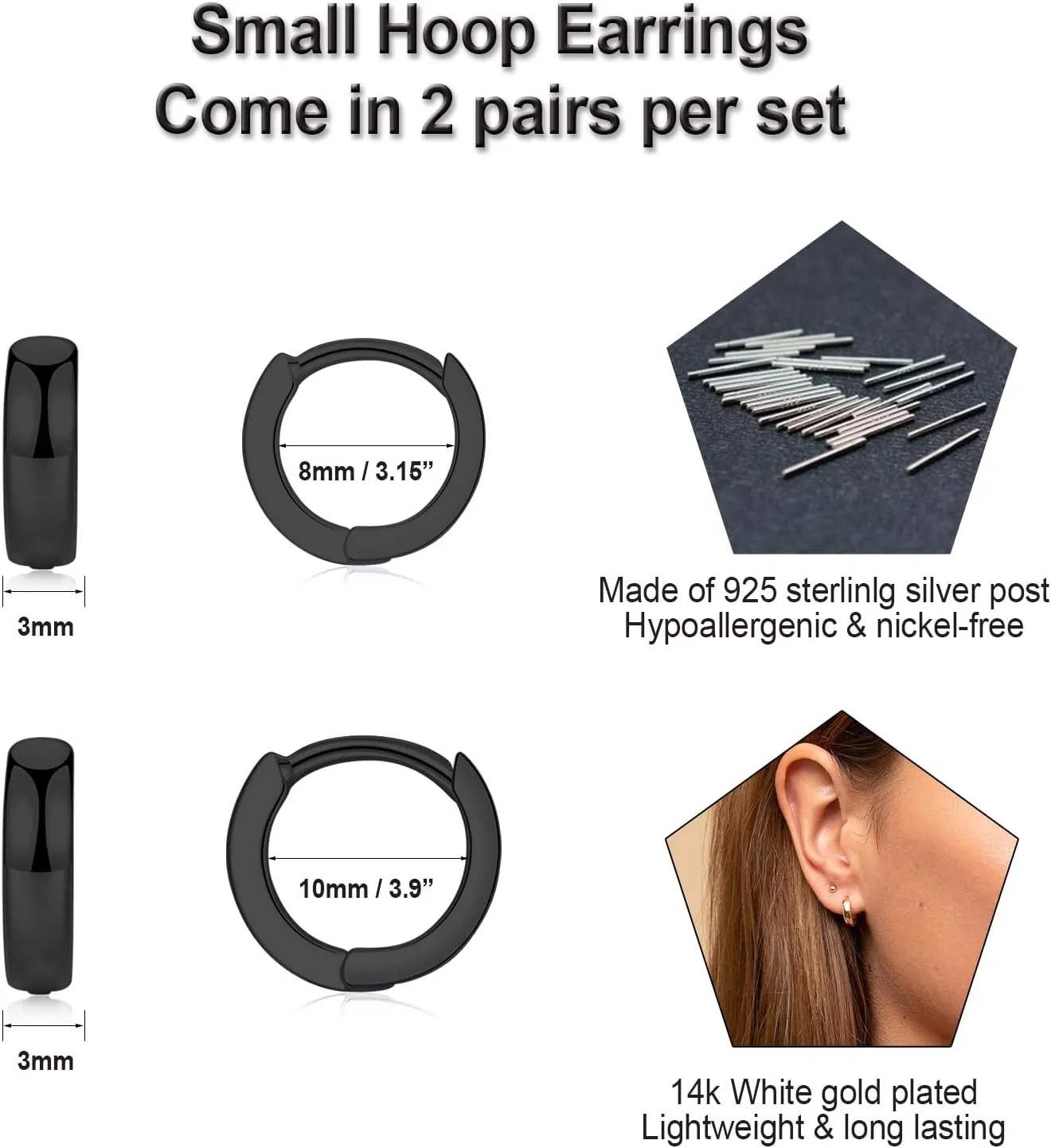 3 Pairs Small Hoop Earrings for Women Men, Sterling Silver Post Sleeper Cartilage Huggie Earring Set, 3mm in Width, Diameter in 8mm 10mm 12mm