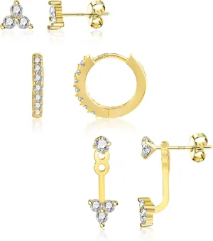3 Pairs Sterling Silver Earrings for Women Trendy Silver Stud Hoop Earrings Stacks for Multiple Piercing Dainty Cartilage Huggie Hoop Earrings Hypoallergenic Small Cubic Zirconia Stud Hoop Earrings Set