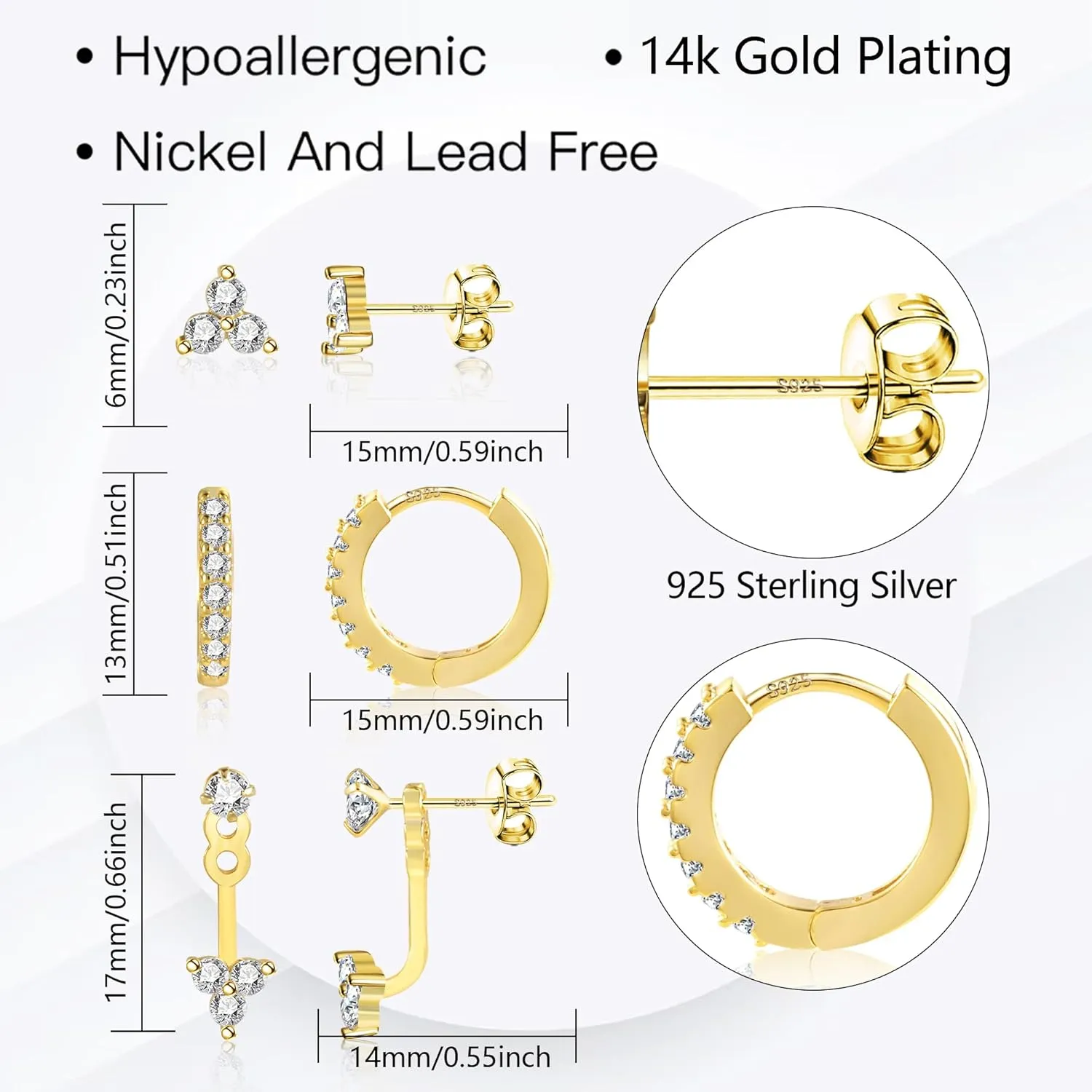 3 Pairs Sterling Silver Earrings for Women Trendy Silver Stud Hoop Earrings Stacks for Multiple Piercing Dainty Cartilage Huggie Hoop Earrings Hypoallergenic Small Cubic Zirconia Stud Hoop Earrings Set