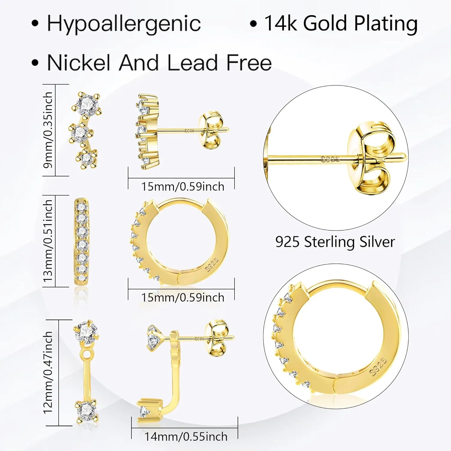 3 Pairs Sterling Silver Earrings for Women Trendy Silver Stud Hoop Earrings Stacks for Multiple Piercing Dainty Cartilage Huggie Hoop Earrings Hypoallergenic Small Cubic Zirconia Stud Hoop Earrings Set