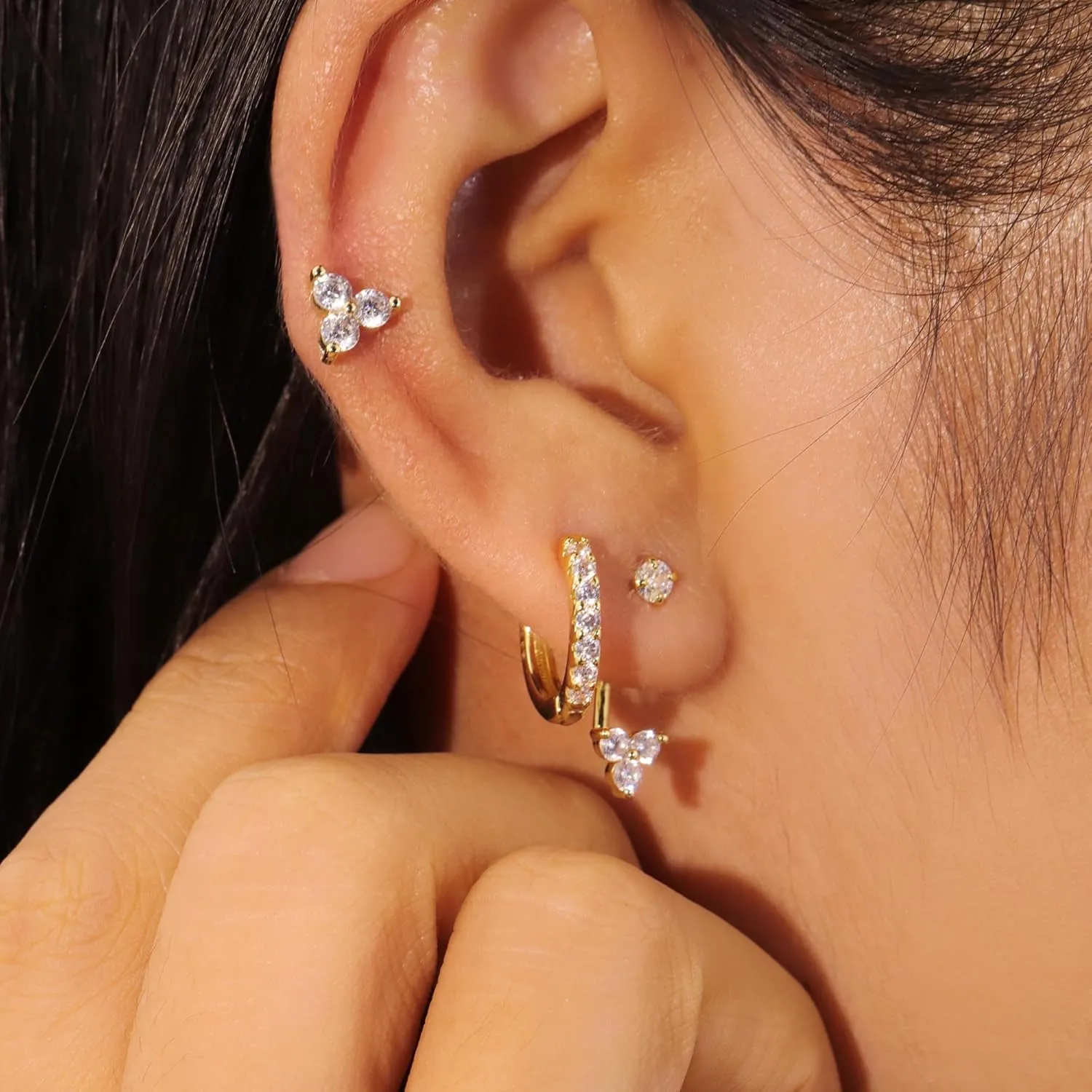 3 Pairs Sterling Silver Earrings for Women Trendy Silver Stud Hoop Earrings Stacks for Multiple Piercing Dainty Cartilage Huggie Hoop Earrings Hypoallergenic Small Cubic Zirconia Stud Hoop Earrings Set