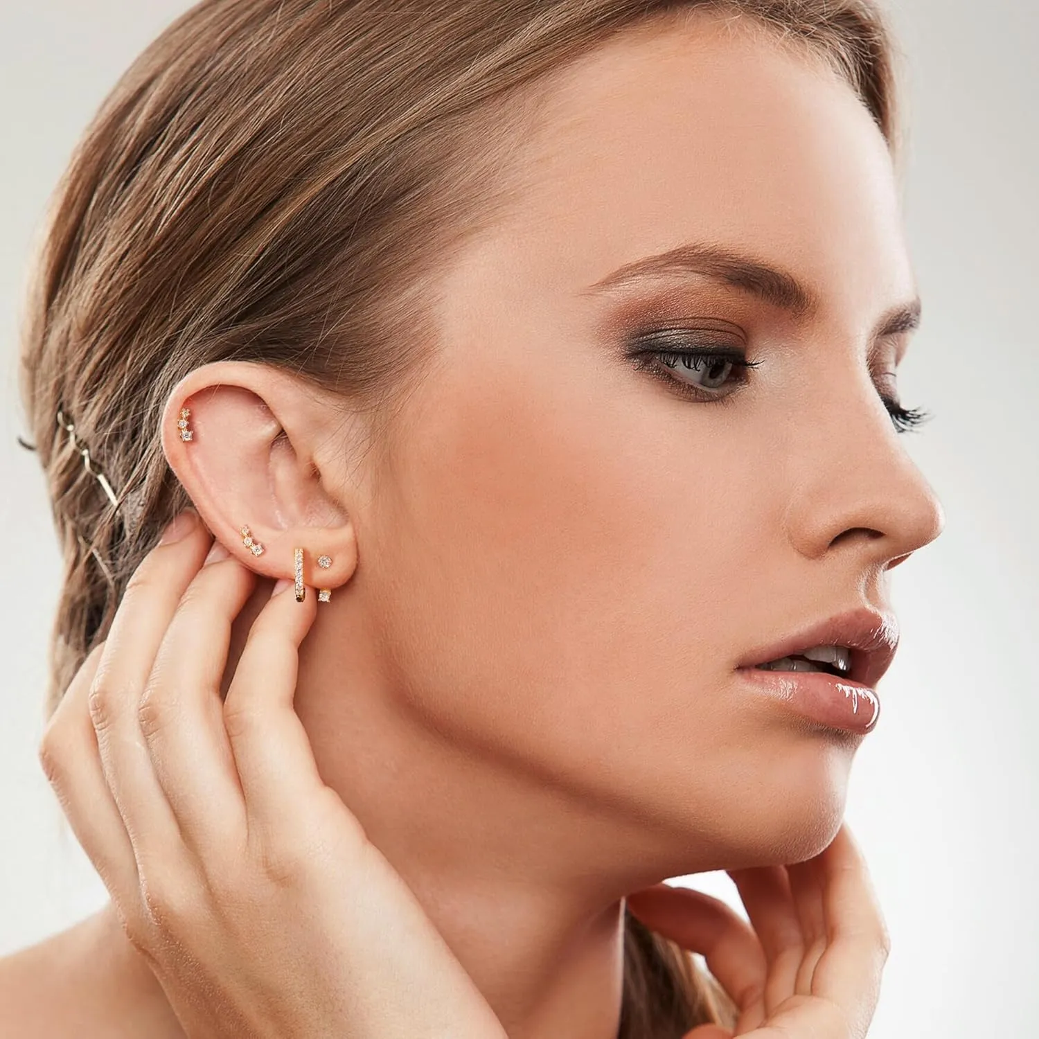 3 Pairs Sterling Silver Earrings for Women Trendy Silver Stud Hoop Earrings Stacks for Multiple Piercing Dainty Cartilage Huggie Hoop Earrings Hypoallergenic Small Cubic Zirconia Stud Hoop Earrings Set