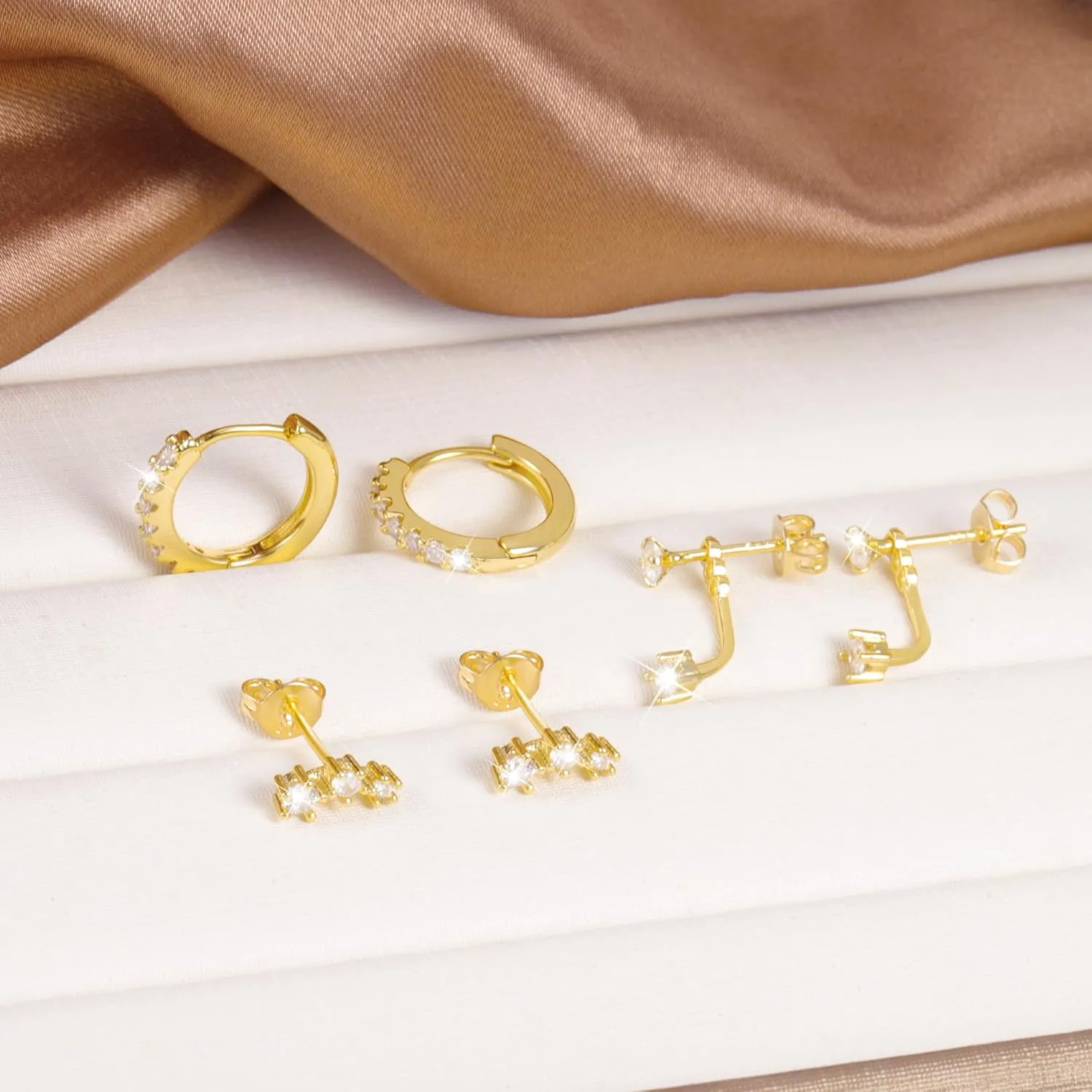 3 Pairs Sterling Silver Earrings for Women Trendy Silver Stud Hoop Earrings Stacks for Multiple Piercing Dainty Cartilage Huggie Hoop Earrings Hypoallergenic Small Cubic Zirconia Stud Hoop Earrings Set